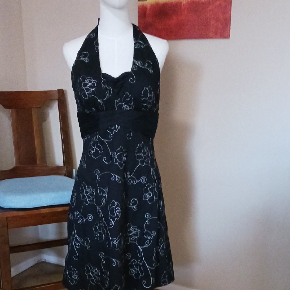 White House Black Market Black Halter Floral Embroidered Dress
